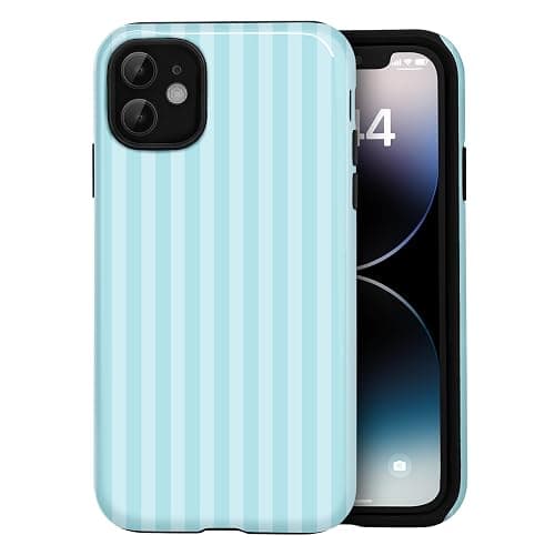 Amzfield for iPhone 12/12 Pro Cute Striped Phone Case, Teal | Stripes Phone Case, Summer Aesthetic Design for Women Girls Fall Chic Girly Pretty Dual Layer Hybrid Protection Elegant - Image 1