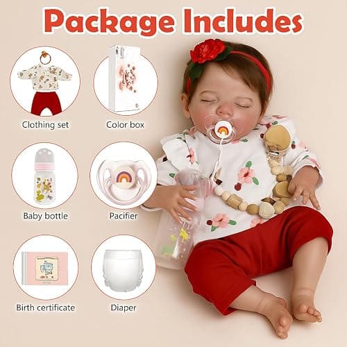 SCOM 20 Inch Realistic Reborn Baby Doll, Lifelike Newborn Sleeping Girl, Soft Cloth Body & Vinyl Limbs, Gift Feeding Set & Gift Box, Safe Toy for Kids 3+ / Companionship Doll thumbnail 5