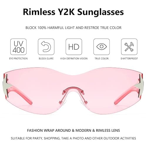 Rimless Y2K Sunglasses for Women Men Wrap Around Fashion Sunglasses Oversized Frameless Trendy Sun Glasses thumbnail 3