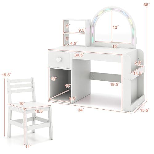 Costzon Kids Vanity with Lights, Girls Vanity Set with Mirror, Bookshelf, Drawer, Storage Cabinet & Shelves, Toddler Makeup Vanity Desk Dressing Table, Kids Vanity Table and Chair Set (White) thumbnail 3