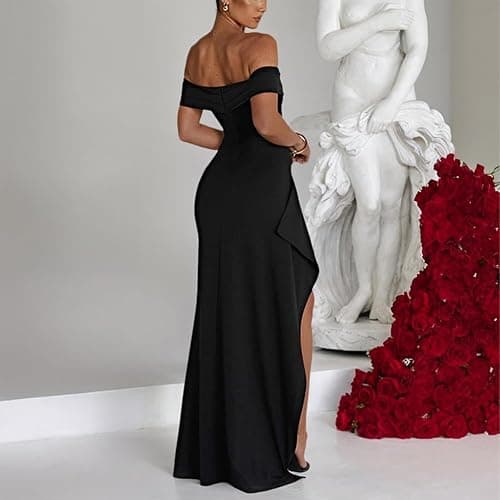 XIWCAFC Robe de Soirée Cocktail Femm Robe Longue Sexy Slim Bodycon Epaules Dénudées Fendue Maxi RobeFemme Élégant Couleur Unie Robes de Fête Longue Robes de Gala pour Mariage Party Bal thumbnail 3