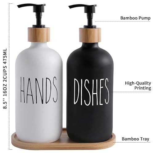 MOMEEMO Glass Soap Dispenser Set, Contains Hand Soap and Dish Soap Dispenser.Suitable for Kitchen Decor. (Black & White) thumbnail 3