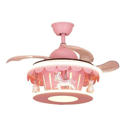 PSXPSXO Cartoon Pink Ceiling Fan with Lights Kids LED Ceiling Lamp Creative Carousel with Invisible Blades Close to Ceiling Lighting for Living Room Bedroom - Image 1