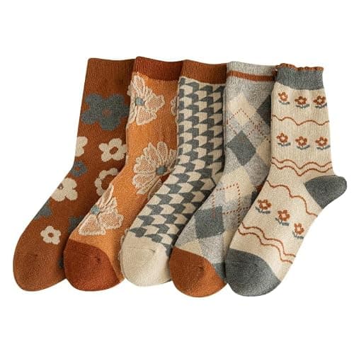 FORJMMP 5/10 Pairs Wool Socks for Women Thick Knit Vintage Cute Floral Crew Socks thumbnail 3
