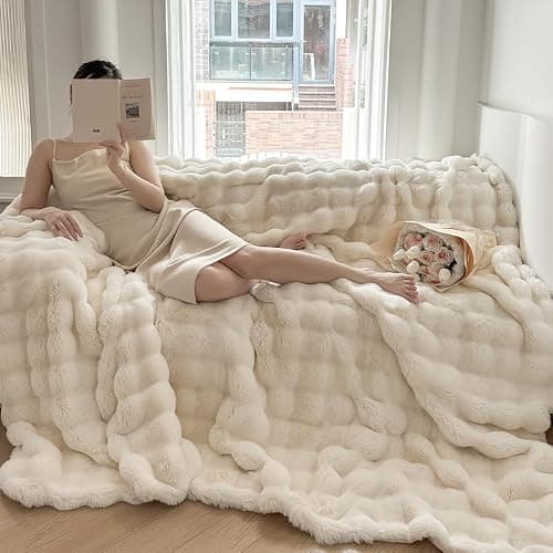 H&D Throw Blanket for Couch,Faux Fur,Fluffy Cozy Soft Plush Luxury Thick Fuzzy Fleece Blanket for Couch Bed Sofa Bedroom Living Room,Comfy Bubble Blanket thumbnail 5