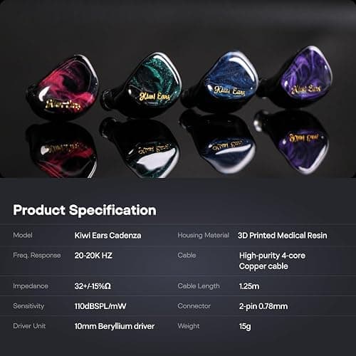 Linsoul Kiwi Ears Cadenza 10mm Beryllium Dynamic Driver IEM 3D Printed with Detachable Interchangeable Plug 0.78 2pin 3.5mm IEM Cable for Musician Audiophile (Purple) thumbnail 9