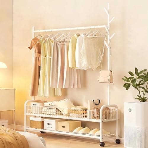 Qshare Clothing Rack with Wheels, Multi-Functional Bedroom Clothing Rack,Garment Rack with Bottom Shelves and Basket,Garment Rack Free-Standing Clothes Rack for Hanging Clothes (White) thumbnail 5