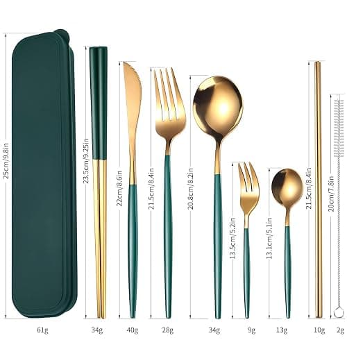 AARAINBOW 8 Pieces Stainless Steel Flatware Set Portable Reusable Cutlery Set Travel Utensils Set Including Chopsticks Knife Fork Spoon Straws Cleaning Brush Dishwasher Safe (Green Golden) thumbnail 3