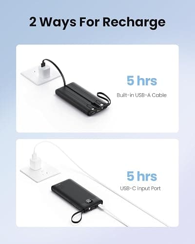 Coowisty Portable Charger with Built-in Cables, Slim 10000mAh Power Bank with USB C, Travel Essentials External Battery Pack 5 Outputs 2 Inputs LED Display Compatible with iPhone/Android & More(Black) thumbnail 6