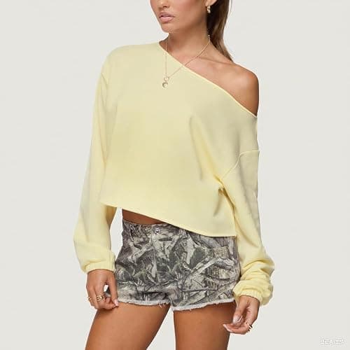Women Off The Shoulder Sweatshirt Oversized Crop Top | One Shoulder Long Sleeve Pullover Cropped Sweatshirts, Y2k, Off Shoulder, Gym Workout Sweaters thumbnail 2