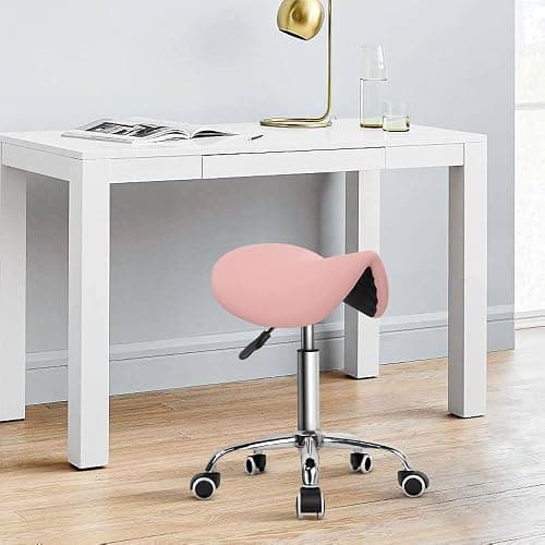 KKTONER Rolling Saddle Stool PU Leather Swivel Adjustable Rolling Stool with Wheels Salon Chair (Pink) thumbnail 2