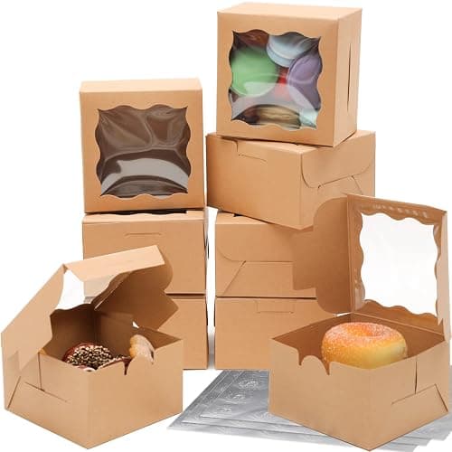 Bakepacker Kraft Bakery Boxes with Window - 4x4x2.5 inches Small Size Pastry & Mini Cookie Boxes for Bakeries - Thick & Sturdy (100 Packs) thumbnail 2