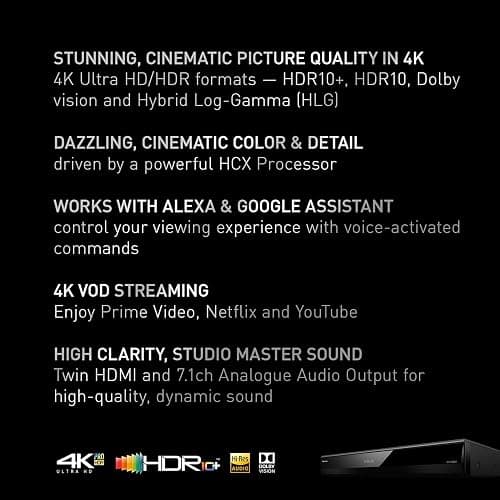 Panasonic Streaming 4K Blu Ray Player with Dolby Vision and HDR10+ Ultra HD Premium Video Playback, Hi-Res Audio, Voice Assist - DP-UB820-K (Black) thumbnail 2
