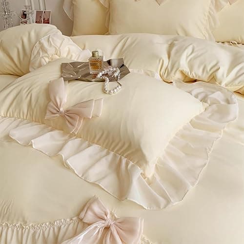 ❤️SOUKECHY Ruffled Bedding Bow Duvet Cover Set with Butterfly Tie, Full Comforter Cover Set, Shabby Chic Bedding Set,Romantic French Princess Style -Yellow,Full thumbnail 3
