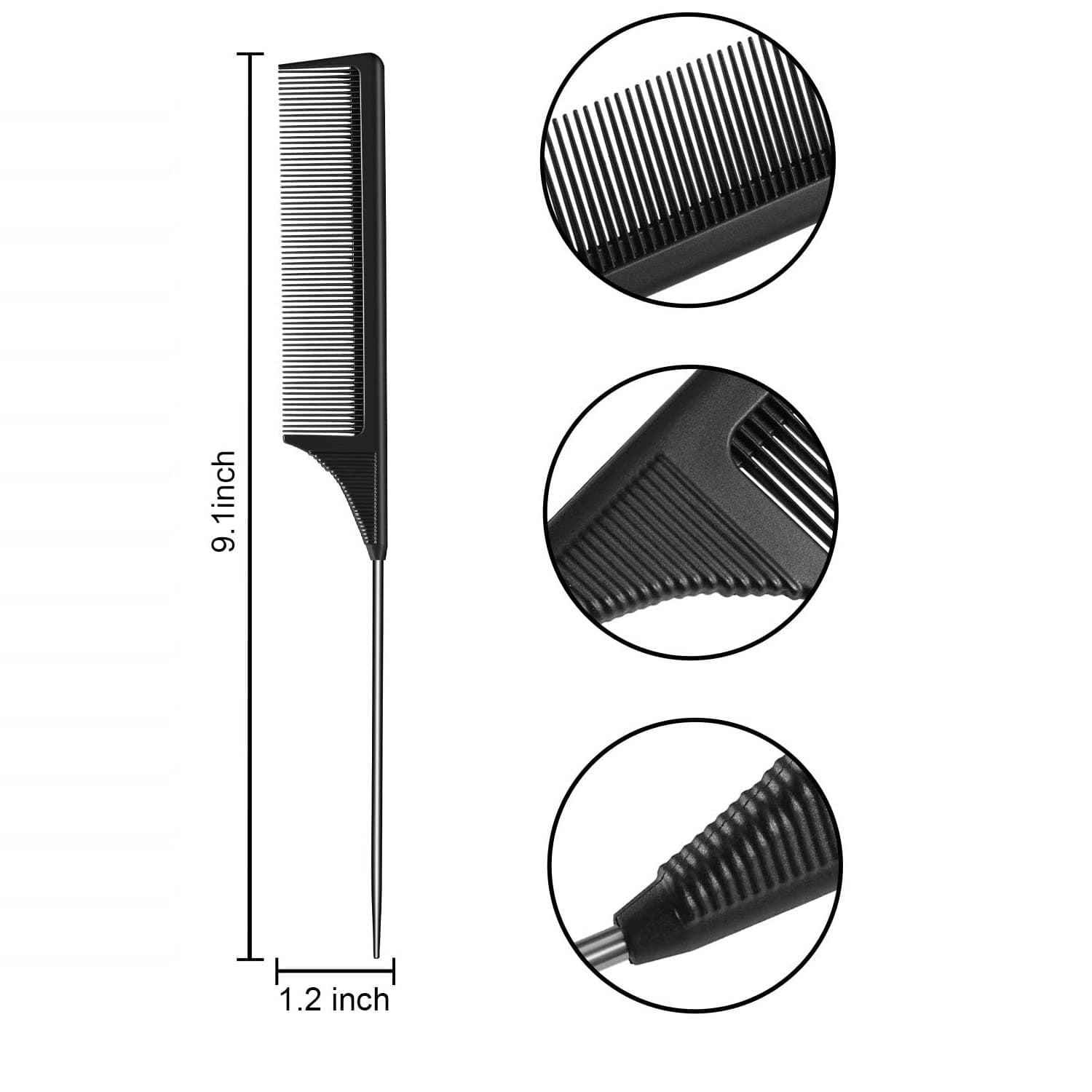 ROTOPATA 2 Pack Rat Tail Combs, Fine Tooth Combs with Steel Pintail | Lightweight Carbon Hair Comb, Black Pick Comb for Women Parting Teasing Coloring Braiding Salon Styling thumbnail 6
