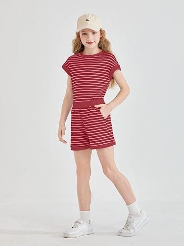 Haloumoning Girls 2 Piece Lounge Set Kids Striped Knit Short Sleeve T-Shirts Elastic Waist Shorts Casual Summer Clothing Sets thumbnail 3
