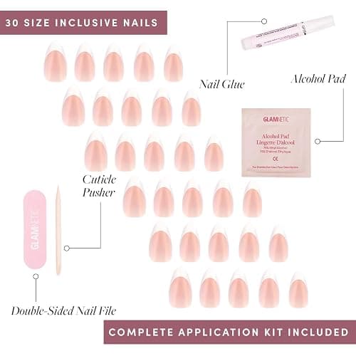 Glamnetic Press On Nails - Mrs. | Short Almond Fake Nails with French Tips and Glossy, Glazed Finish, Salon Quality | 15 Sizes - 30 Nail Kit with Glue thumbnail 4