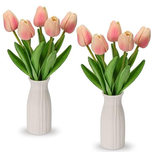 Briful 2 Packs Faux Flowers Artificial Tulips with Ceramic Vase, Poly Foam Pink Tulips Real Touch Flower Arrangement for Home Kitchen Wedding Centerpiece Decoration - Image 1