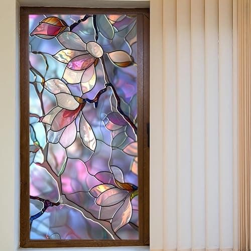 JOONOR Retro Magnolia Sunroof Film,Stained Glass Decals Colorful Floral Window Privacy Film for Car Sunroof Living Room Sun Blocking Decor Removable Static Cling PVC Stickers, 17.72 x 35.43 Inch thumbnail 5