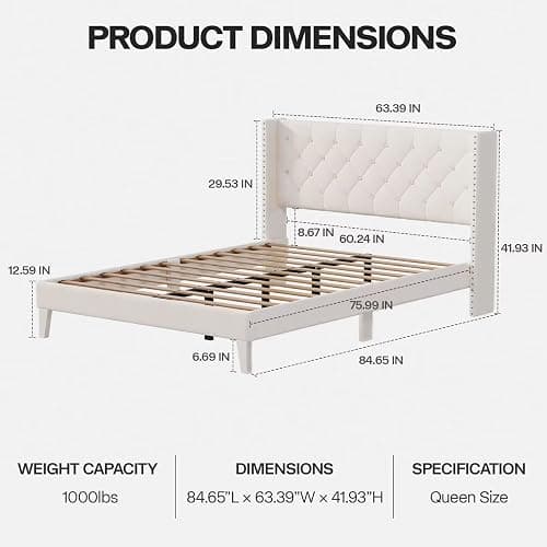 DOGIBIXO Queen Size Bed Frame with LED Lights, Upholstered Bed Frame with Wingback Diamond Tufted Headboard, Wood Slats Support, Noise-Free, Easy Assembly, No Box Spring Needed, Beige - Beige - Queen thumbnail 2