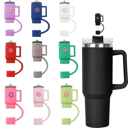 9P Straw Cover for Stanley Cup, Silicone Straw Topper for Stanley Cup 30&40oz with Tumblers, 10mm 0.4in Lid Accessories (Reusable) - 009-Purple,Blue,White,Red,Gray,Green,Pink