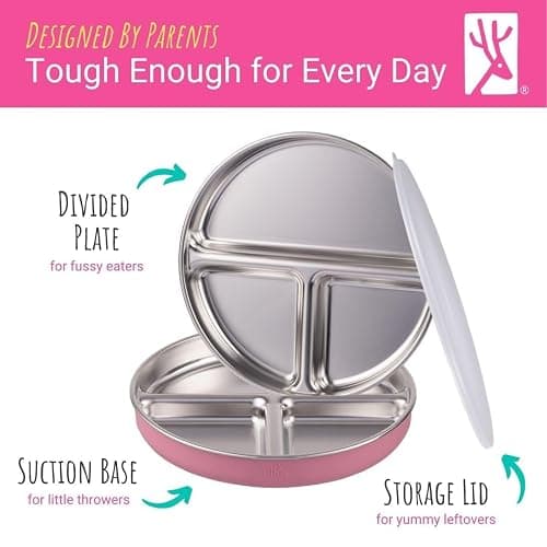 Vihaan - Elk and Friends Stainless Steel Divided Plates with Silicone Sleeve for Babies & Toddlers | Lids Included | Stay Put Suction | Dinner & Snack Plates | 2 Pack thumbnail 6