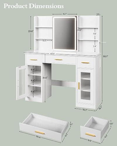 Memobarco 43.5-inch Large White Makeup Vanity Desk with Sliding Mirror | Smart LED Mirror, 3 Lighting Modes, Adjustable Brightness, 9 Shelves, 4 Drawers, 2 Cabinets, Power Outlets, Hairdryer-Rack thumbnail 2