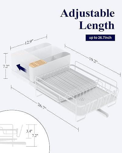 Kitsure Large Dish Drying Rack - Extendable Dish Rack, Multifunctional Dish Rack for Kitchen Counter, Anti-Rust Dish Drainers with Cutlery & Cup Holders 19.2"-26.7" L x 12.9" W, White thumbnail 2