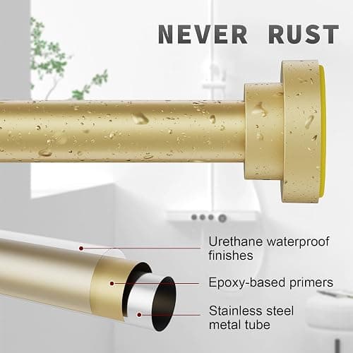 Thestoa Gold Shower Curtain Rod Adjustable 43-66 inch, 1"Diameter Spring Tension Curtain Rod No Drill, Anti-Rust Non-Slip Shower Rod for Bathroom thumbnail 4