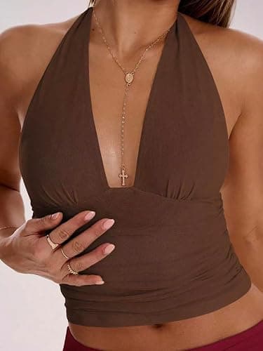 Women's Y2K Mesh Halter Top Sexy V Neck Backless Open Back Leopard Cheetah Print Polka Dot Going Out Tops for Women thumbnail 4