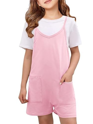 CharmWM Girls Summer Jumpsuits Spaghetti Strap Sleeveless Loose Romper Short Pants with Pockets 5-14 Years - Image 1