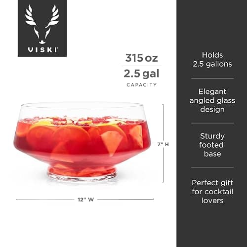 Viski Glass Punch Bowl with Footed Base, Large Modern Punch Bowl for Parties, Serveware for Cocktails, Sangria, Clear, 2.5 gal thumbnail 3