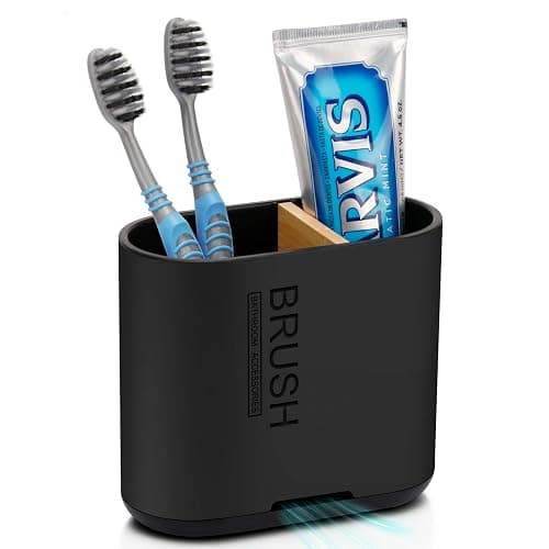 Toothbrush and Toothpaste Holder with Bamboo Divider for Bathroom Countertop Organizer, Detachable for Easy Clean, 2 Slots Electric Toothbrush Holders Storage Caddy Drainage for Family-Black - Image 1
