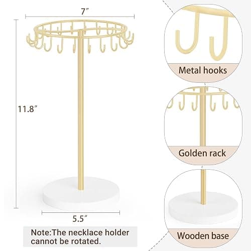 Mkono Necklace Holder Metal Jewelry Display Stand Necklace Organizer with 22 Hooks for Storage and Hanging Bracelet Keychain Home Room Decor for Women,Gold thumbnail 3