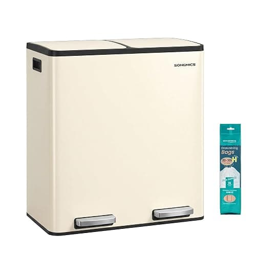 SONGMICS Trash Can, 2 x 8 Gallon (2 x 30 L) Double Compartment Garbage Can for Recycling, Stainless Steel, with 15 Liner Bags, Soft-Close Lids, Removable Buckets, Pedals, Almond ULTB160AZ01 - Image 1