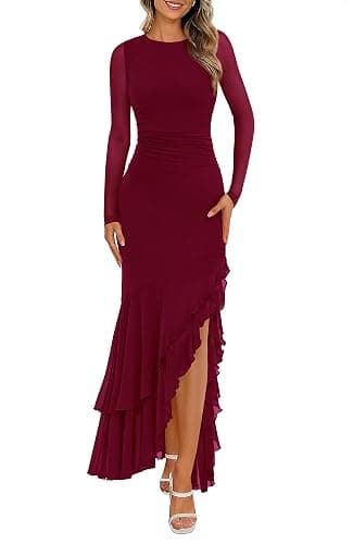 BTFBM Women's Maxi Dresses Spring 2026 Long Sleeve Ruched Bodycon Solid Ruffle Mermaid Cocktail Wedding Guest Dress - Image 1