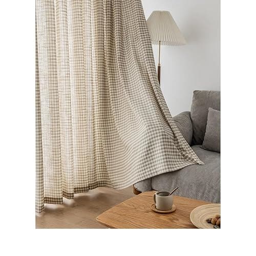 AZIMUZIXI Retro Rustic Cotton and Linen Light Filtering Plaid Curtains for Living Room Dining Room,Rop Pocket Semi-Shading Window Curtains Set 2 Panels (Brown,W50*L84) thumbnail 2