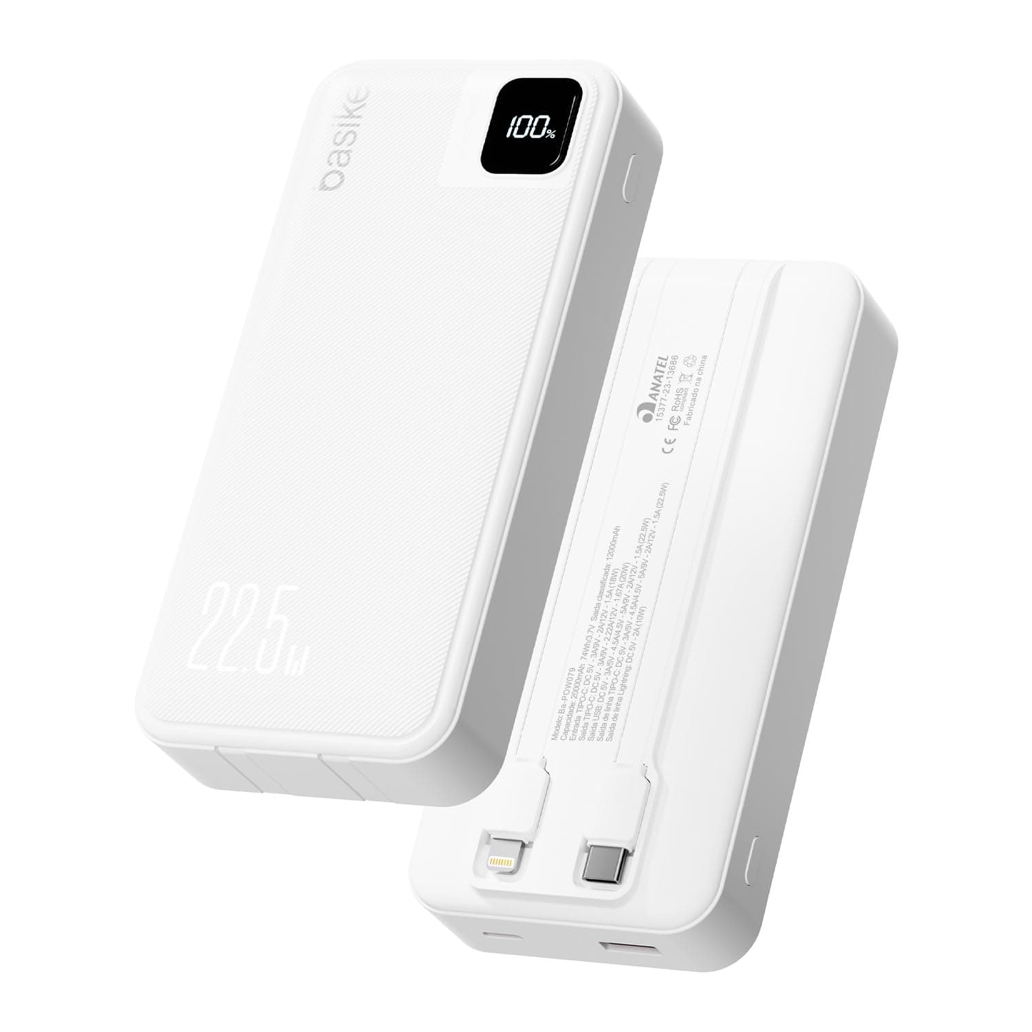 Basike Power Bank, Carregador Portátil Universal 20000mAh, USB-A(até 22.5W)+USB-C(até PD20W), com 2 Cabos Integrados (USB-C, Lightning) Carregamento Rápido, Led Indicador de Bateria (Branco) - Branco