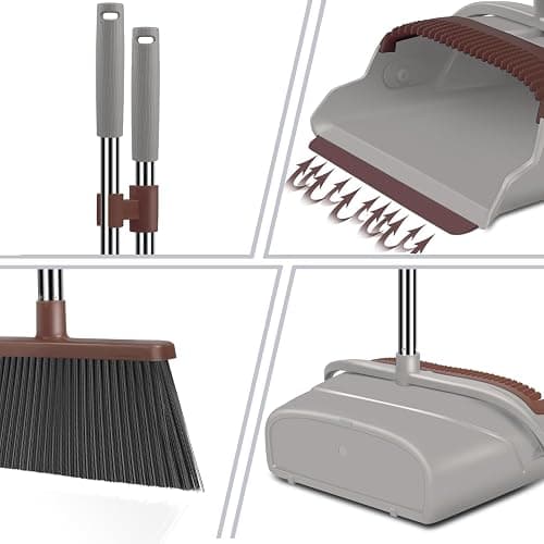 kelamayi Upgrade Broom and Dustpan Set, Self-Cleaning with Dustpan Teeth, Ideal for Dog Cat Pets Home Use, Super Long Handle Upright Stand Up Broom and Dustpan Set (Brown) - Brown-02 thumbnail 4