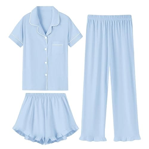 QZH.DUAO 3 Piece Girls Pajama Sets 100% Cotton Ruffle Long Pants with Shorts Sleepwear 3pcs Button Down PJs 5-14 Years - Image 1