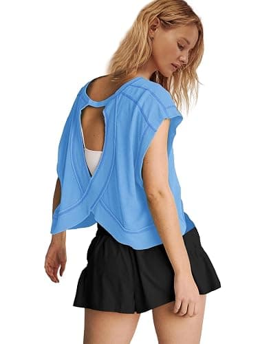 Panadila Womens Open Back Workout Top Oversized Workout T Shirts Backless Athletic Shirt Short Sleeve Baby Tee thumbnail 4