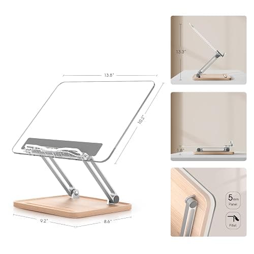 Adjustable Acrylic Book Stand for Reading, Book Holder with Pen Slot, Foldable Desktop Riser for Laptop, Recipe, Textbook - Hands-Free,Cookbook Stand, Clear Design with Page Clips - Clear Acrylic thumbnail 2