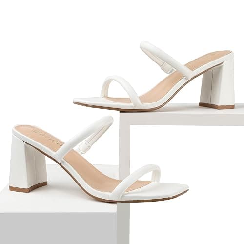 Avidirk Women's Square Open Toe Heeled Sandals Two Strap Mules Slip On Block Chunky Mid Heels Sandals - 9 - White thumbnail 7