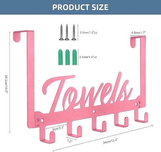 Azmoncy Over The Door Hooks, Towel Rack for Bathroom Towel Holder for Hanging Heavy Duty, Over Door Hanger with 5 Coat Hooks for Bedroom Bathroom Kitchen Towels, Pink thumbnail 2