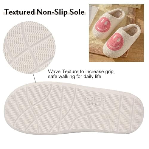 FACAXEDRE Smile Face Slippers for Women - Indoor Outdoor Retro Happy House Slides, Soft Fluffy Cushion Furry Shoes thumbnail 4