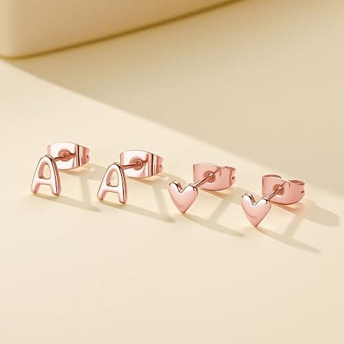 JIAOGE Stud Earrings for Girls Gifts - 2 Pairs S925 Sterling Silver Post Real Gold/Rose Gold Plated Heart Initial Stud Earrings for Girls Teen Girl Gifts Hypoallergenic Earring for Women Jewelry thumbnail 6