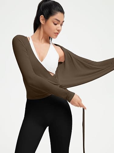 SUUKSESS Women Pilates Wrap Workout Cropped Top Ribbed Long Sleeve V Neck Tie Front Ballet Yoga Shrug Blouse thumbnail 6
