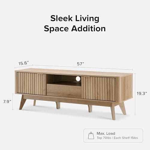 mopio Brooklyn Mid-Century Modern TV Stand, for TVs up to 50” / 59" Waveform Panel, Sleek Curved Profile with Adjustable Shelf and Sturdy Box Frame Leg (Golden Oak, 57") thumbnail 2