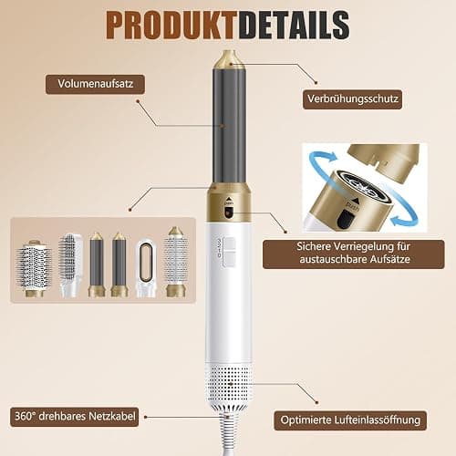 6 in 1 Hairstyler, Ionen Föhn, 1000W Multifunktionaler Hairstyler, Lockenstab Automatisch, Keramiktechnologie, Professioneller Warmluftbürste, Locken und Glätten (Weiß) thumbnail 6
