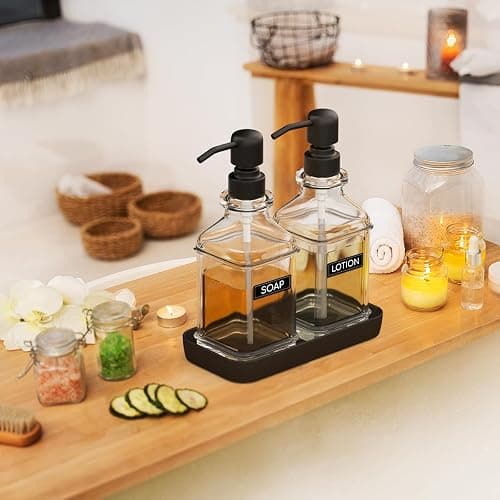 LMQML Soap Dispenser - 2 Pack, Antique Design Thick Glass Hand Soap Dispensers with Sturdy Tray; 304 Rust Proof Stainless Steel Black Pump, 12Pcs Stickers, for Kitchen, Bathroom thumbnail 2